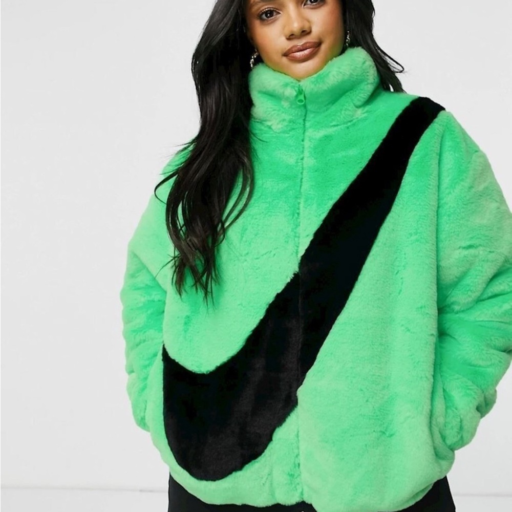 Nike Green and Black Fur Jacket Oversized Athleisure